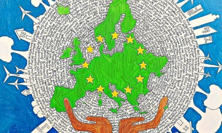 „Sterne für Europa“: Unter diesem Motto fertigten Kinder Zeichnungen an, die bei der Eröffnung des Science Hub for Europe präsentiert wurden. Die abgebildete Zeichnung stammt von Julia Dürre. Foto: Lukas Götz