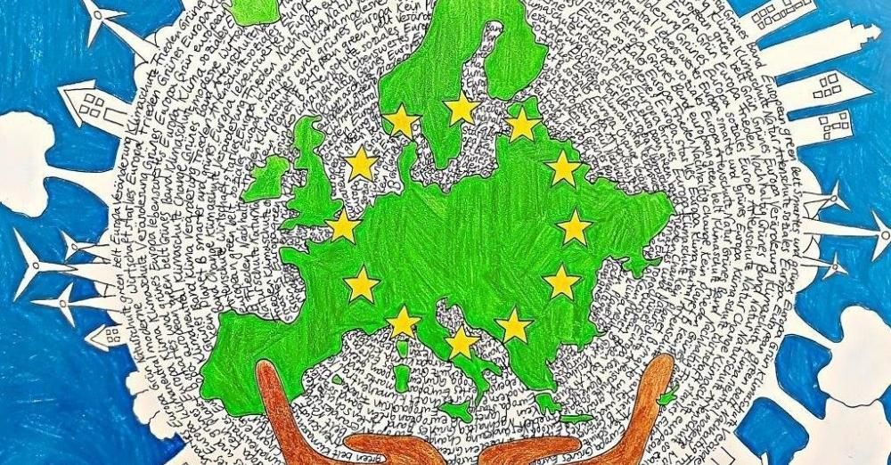 „Sterne für Europa“: Unter diesem Motto fertigten Kinder Zeichnungen an, die bei der Eröffnung des Science Hub for Europe präsentiert wurden. Die abgebildete Zeichnung stammt von Julia Dürre. Foto: Lukas Götz