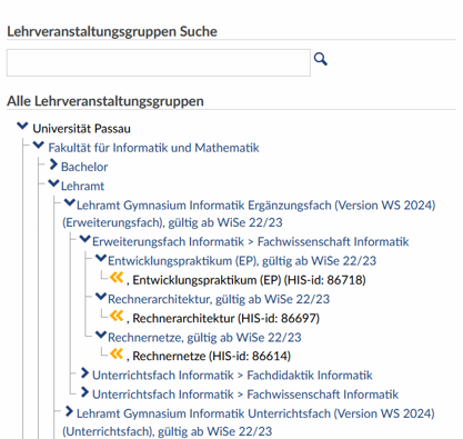 Screenshot Stud.IP Lehrveranstaltungsgruppen Baumstruktur Fakultät für Informatik und Mathematik
