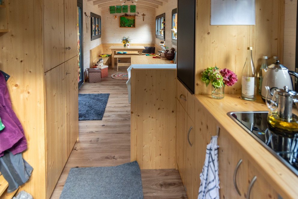 Interior view of centre and seating area of the kindergarten caravan Interior view of centre and seating area of the kindergarten caravan