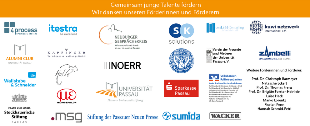Unter einem orangen Textfeld mit dem Text "Gemeinsam junge Talente fördern - wir danken unseren Förderinnen und Förderern" stehen alle Logos der aktuellen Fördernden für das Förderjahr 2025/2026.