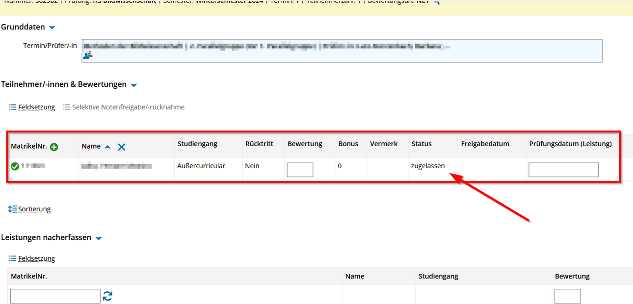 Screenshot eines exemplarisch zugelassenen Studierenden