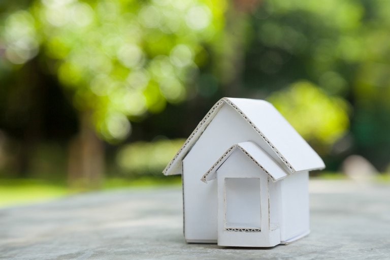 Haus aus Pappe vor Naturhintergrund