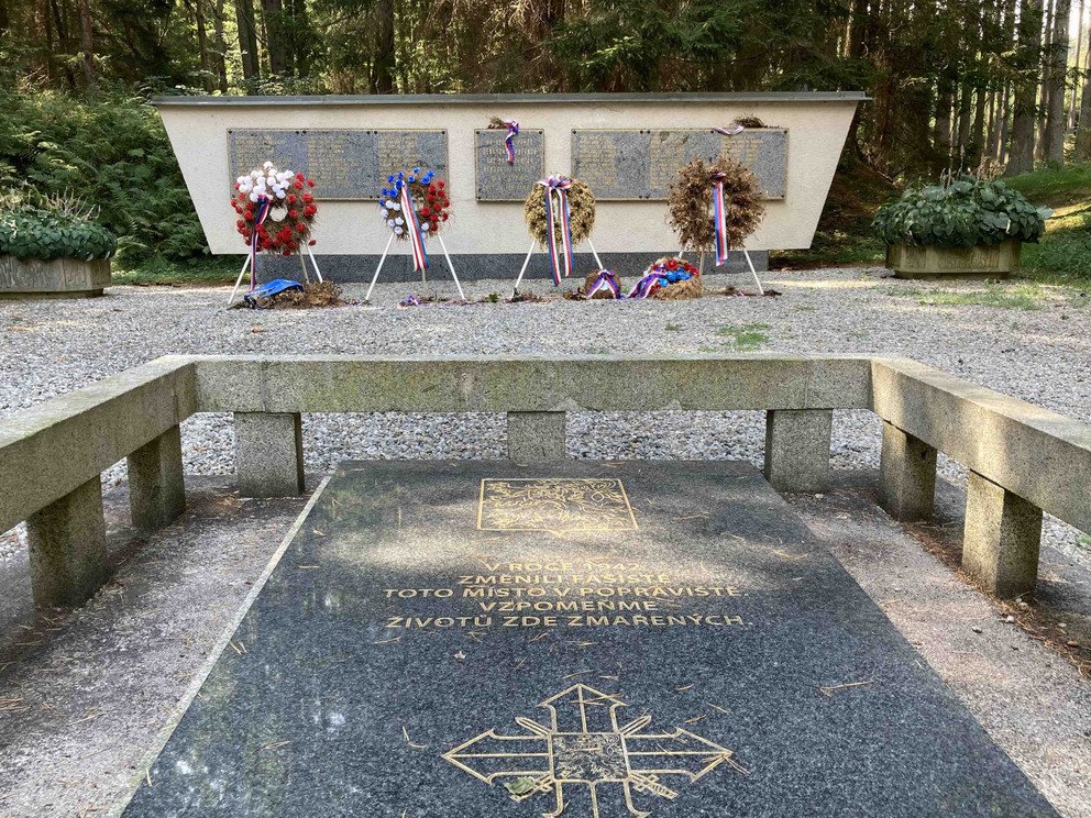 Fotografie pomn&iacute;ku ve Sp&aacute;len&eacute;m lese a společn&eacute;ho hrobu na hřbitově v Klatovech