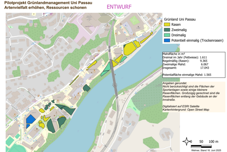 Karte der Planung der naturnahen Grünflächen am Campus der Universität Passau