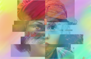 Grafik, aus verschiedenen Fotos zusammengesetztes Bild, in Regenbogenfarben unterlegt