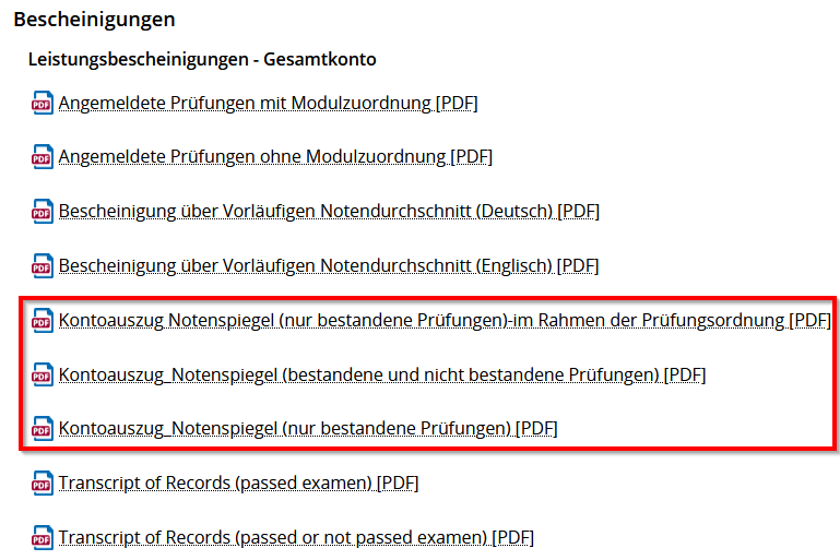 Screenshot "Kontoauszug Notenspiegel" einsortiert im Abschnitt "Bescheinigungen"