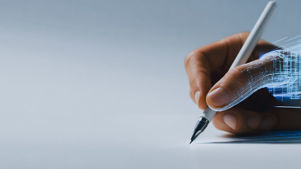 AI powered hand writing or drawing with a digital stylus, symbolizing machine learning, futuristic design, and creative innovation, with copy space.