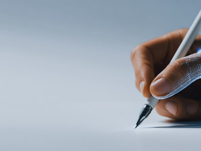 AI powered hand writing or drawing with a digital stylus, symbolizing machine learning, futuristic design, and creative innovation, with copy space.