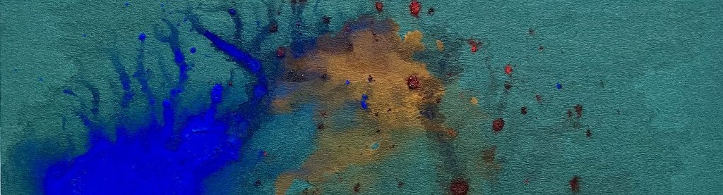 Bildauschnitt vom Bild "Surreale Landschaft 2 oder Fleck" in den Farben blau, orange und grün von Barbara Verhoeven