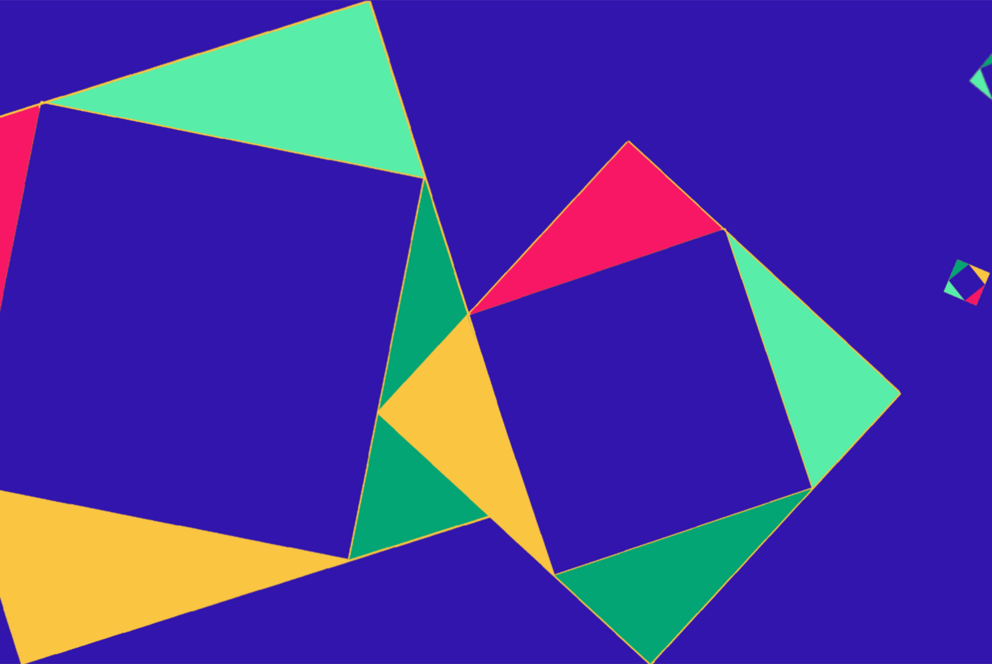 Bunte Quadrate und Dreiecke auf lila Grund