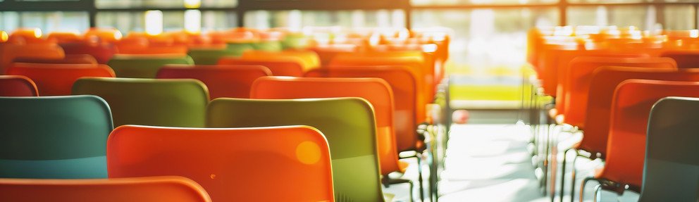 bunte Stühle vor Glaswand mit Blick ins Grüne