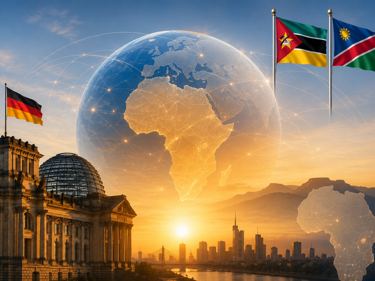 KI-generiertes Bild mit dem Reichstag, der Weltkugel und zwei Flaggen