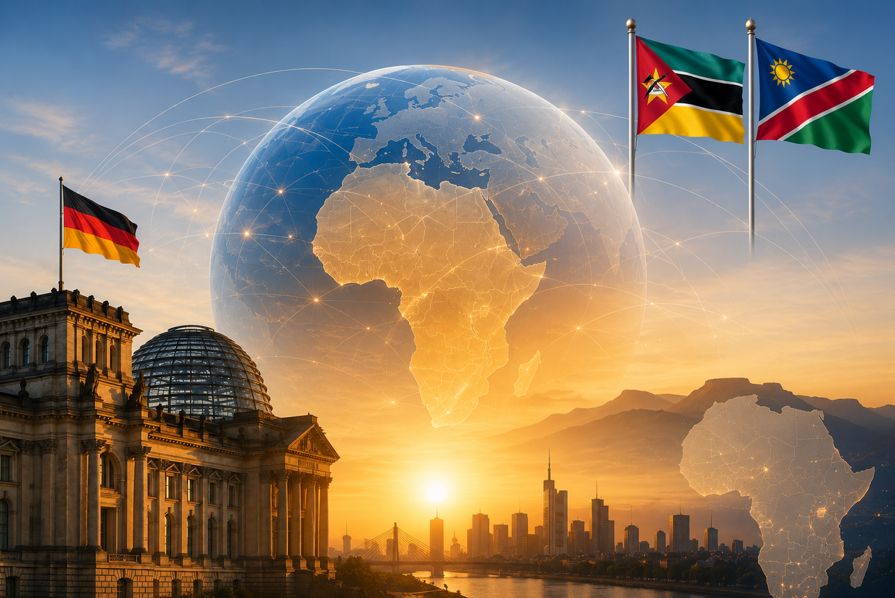 Symbolbild Deutsche Afrikapolitik, Fahnen Mosambik und Namibia, KI-generiert