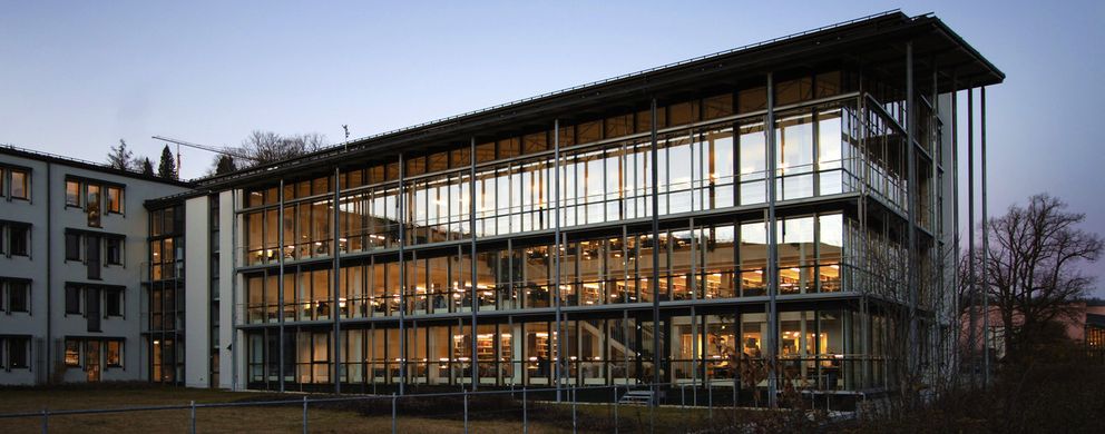 Photo showing the lights on at dusk in the law faculty library