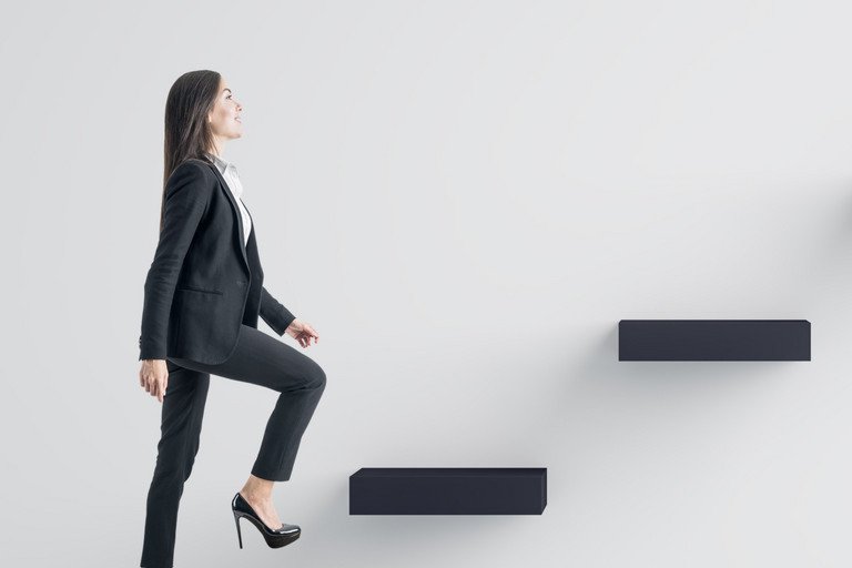 Woman walking up stairs