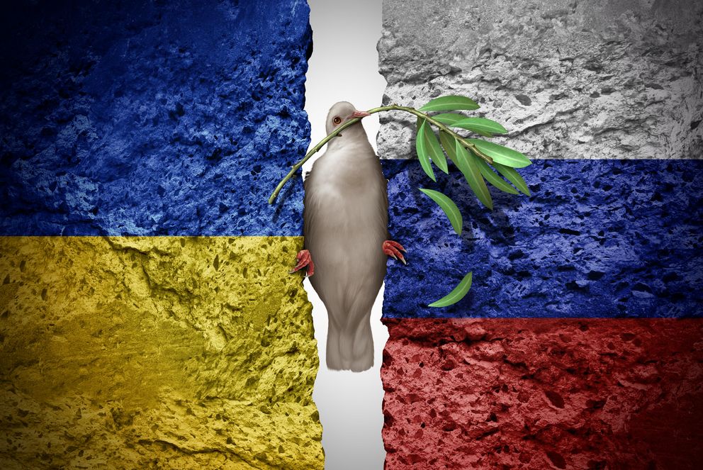 Friedenstaube zwischen ukrainischer und russischer Flagge auf Stein