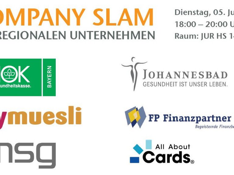Die Logos der Unternehmen. Der Company Slam findet am 5. Juni von 18 bis 20 Uhr im Hörsaal 14 statt.