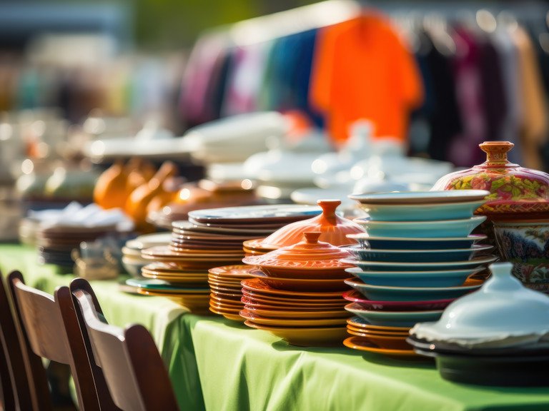 Second hand old household objects for sale at flea market, garage sale, thrift store, charity shop. Zero waste, sustainable lifestyle.