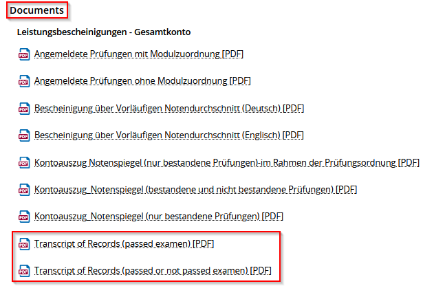 Documents with button for Transcript of Records