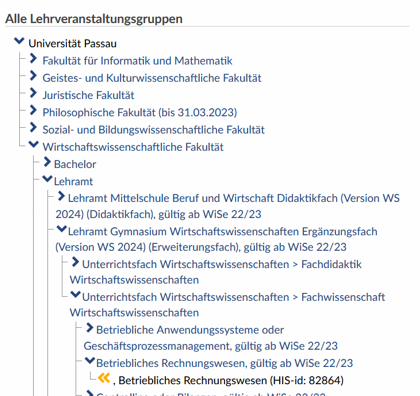 Screenshot Stud.IP Lehrveranstaltungsgruppen Baumstruktur Wirtschaftswissenschaftliche Fakultät