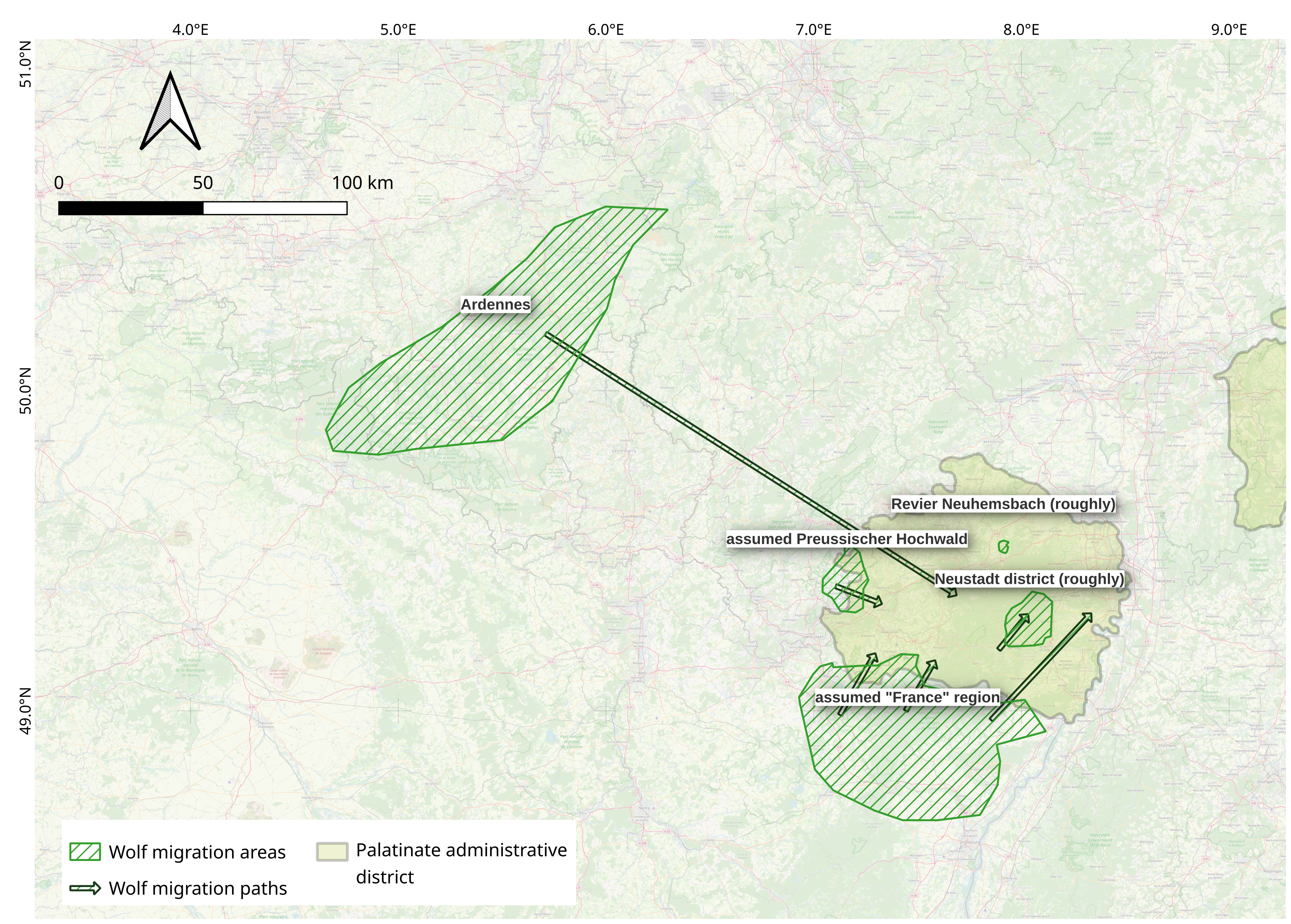 Wolfsmigration; Quelle: eigene Auswertung von AOD1845 data, OpenStreetMap, QGIS, HGIS Germany (https://hgl.harvard.edu/catalog/harvard-ghgis1848districts)