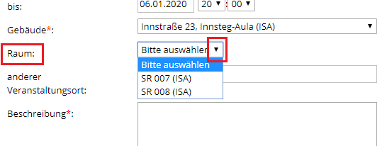 Kalendereintrag anlegen - Raumauswahl