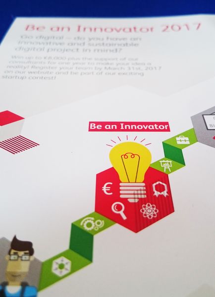 bunter Flyer von Be an Innovator mit Symbolen wie Glühbirne, Zahnräder, Aktenkoffer