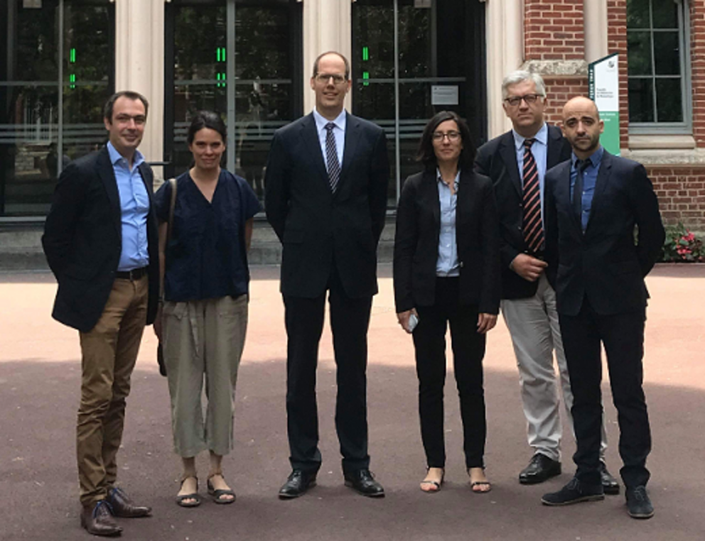 From left to right: Ioannis Panoussis (Dean of the Faculty of Law, Université Catholique de Lille), Isabelle Minez (Head of the  International Office, Université Catholique de Lille), Professor Thomas Riehm (University of Passau), Aurélie Thieriet-Duquesne (Academic Co-ordinator of the programme at Université Catholique de Lille), Xavier Pacreau (Convenor for the Master's Programmes of Université Catholique de Lille), Aurélien Raccah (Vice Dean of the Faculty of Law, Université de Lille). Photograph: Université Catholique de Lille