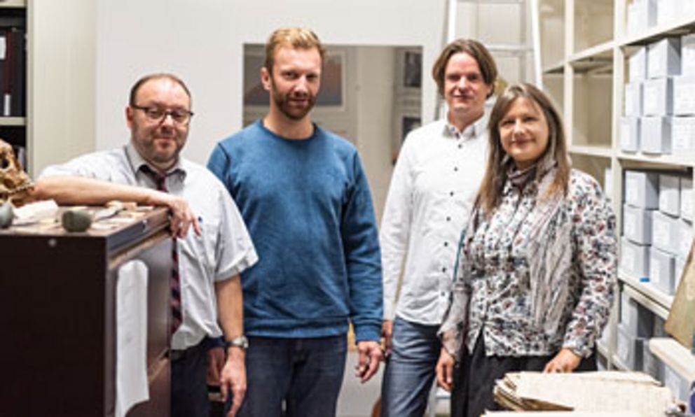 The project team (left to right): Mario Puhane (University Archivist), Sebastian Gassner (Programmer), Professor Malte Rehbein, Dr Andrea Schilz (Curator); Photograph: Valentin Brandes