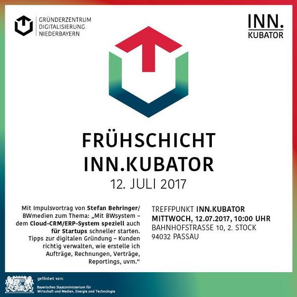 Logo inn.kubator Passau, Mit Impulsvortrag von Stefan Behringer/ BW Medien zum Thema "Mit BW-System- dem Cloud CRM/ERP-System speziell auch für Startups schneller starten. Tipps zur digitalen Gründung-Kunden richtig verwalten, wie erstelle ich Aufträge, Rechnungen, Verträge, Reportings, uvm. Treffpunkt Innkubator, 12.7. 2017, 10:00 Uhr, Bahnhofstraße 10, 2. Stock, 94032 Passau